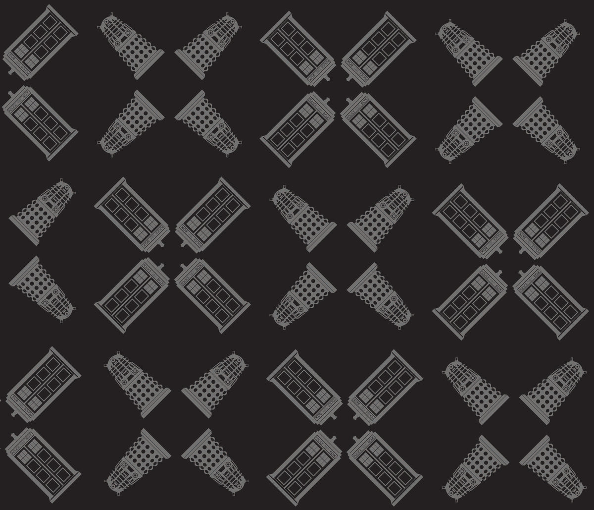 Pattern of TARDIS & Daleks used on the official Doctor Who Bag