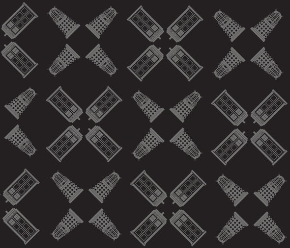 Pattern of TARDIS & Daleks used on the official Doctor Who Bag