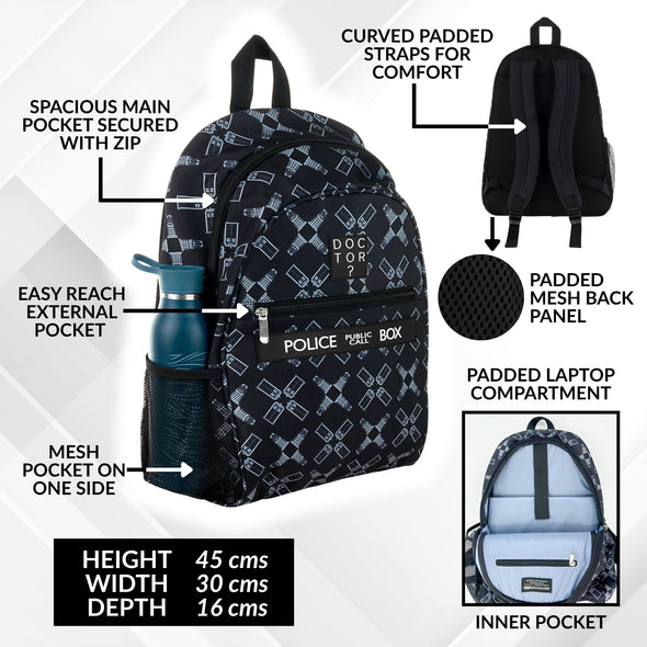 TARDIS & Daleks Dr Who Bag with features highlighted on a white background