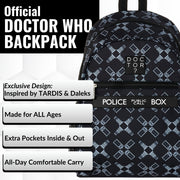Doctor Who backpack with TARDIS and Dalek design on a white background
