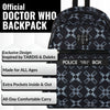 Doctor Who backpack with TARDIS and Dalek design on a white background
