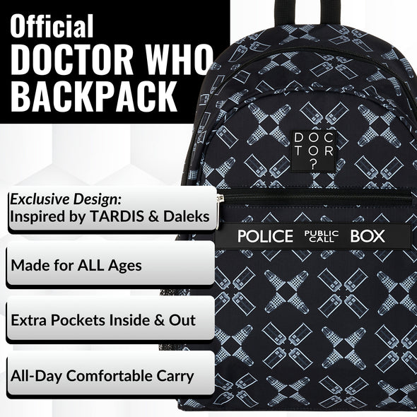 Doctor Who backpack with TARDIS and Dalek design on a white background