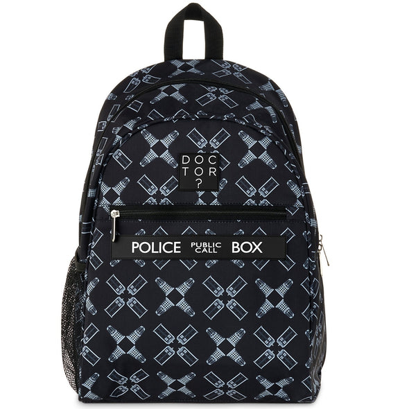 Dr Who Bag with TARDIS & Daleks pattern, 'POLICE PUBLIC CALL BOX' and "DOCTOR?" logo patch