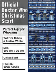 Doctor Who Christmas scarf with TARDIS and Daleks design on a blue background