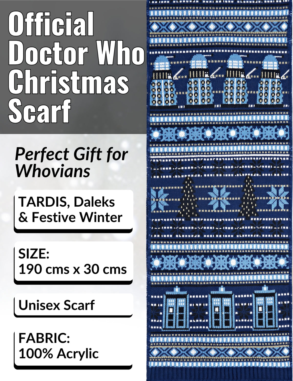 Doctor Who Christmas scarf with TARDIS and Daleks design on a blue background