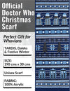 Doctor Who Christmas scarf with TARDIS and Daleks design on a blue background