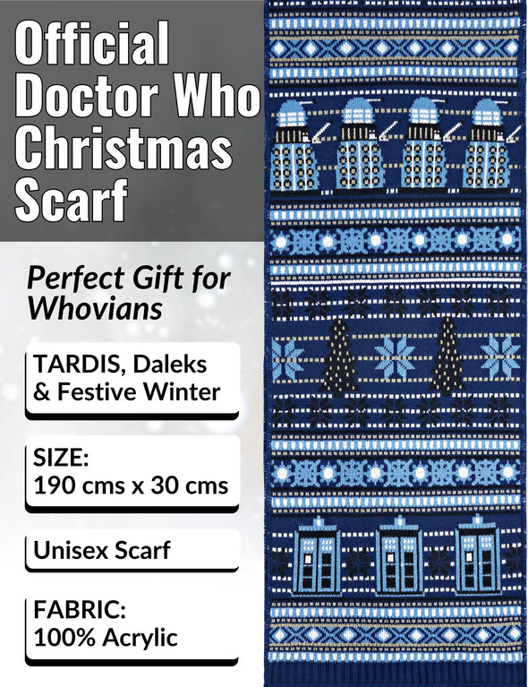 Doctor Who Christmas scarf with TARDIS and Daleks design on a blue background