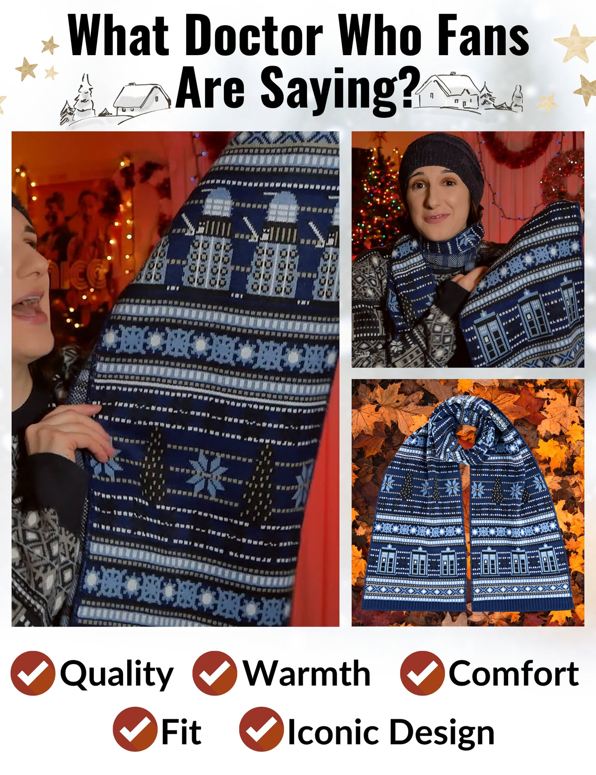 Person wearing a Doctor Who Christmas jumper and scarf with decorative elements and text about fan opinions.
