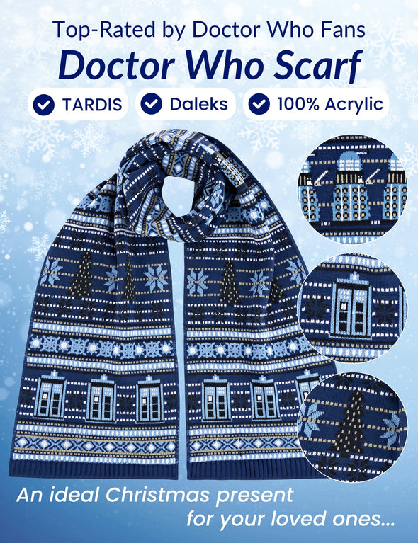 Doctor Who scarf with TARDIS pattern on a blue background