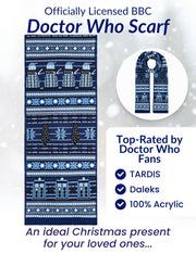 Doctor Who scarf with TARDIS and Dalek design . Top rated by Dr Who fans.