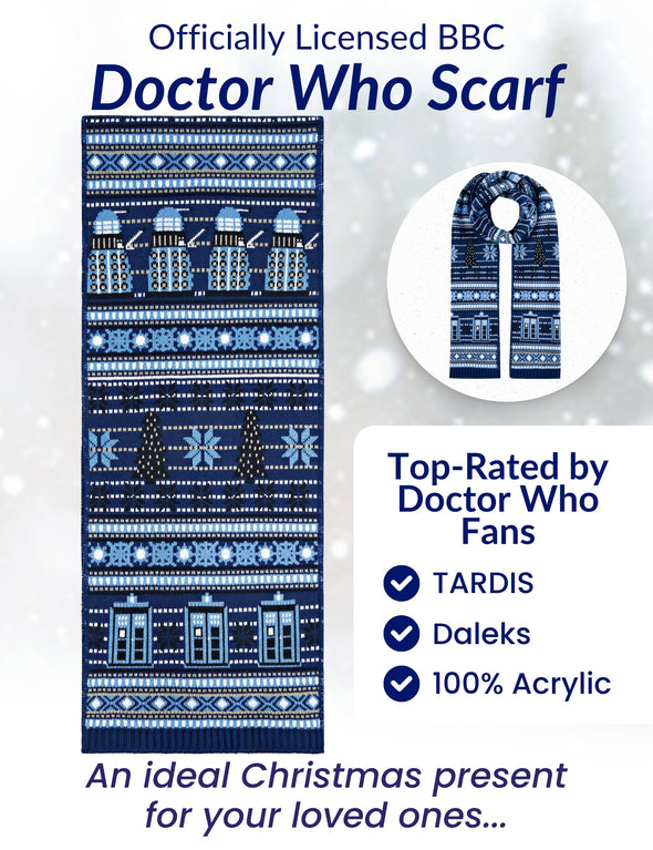 Doctor Who scarf with TARDIS and Dalek design . Top rated by Dr Who fans.