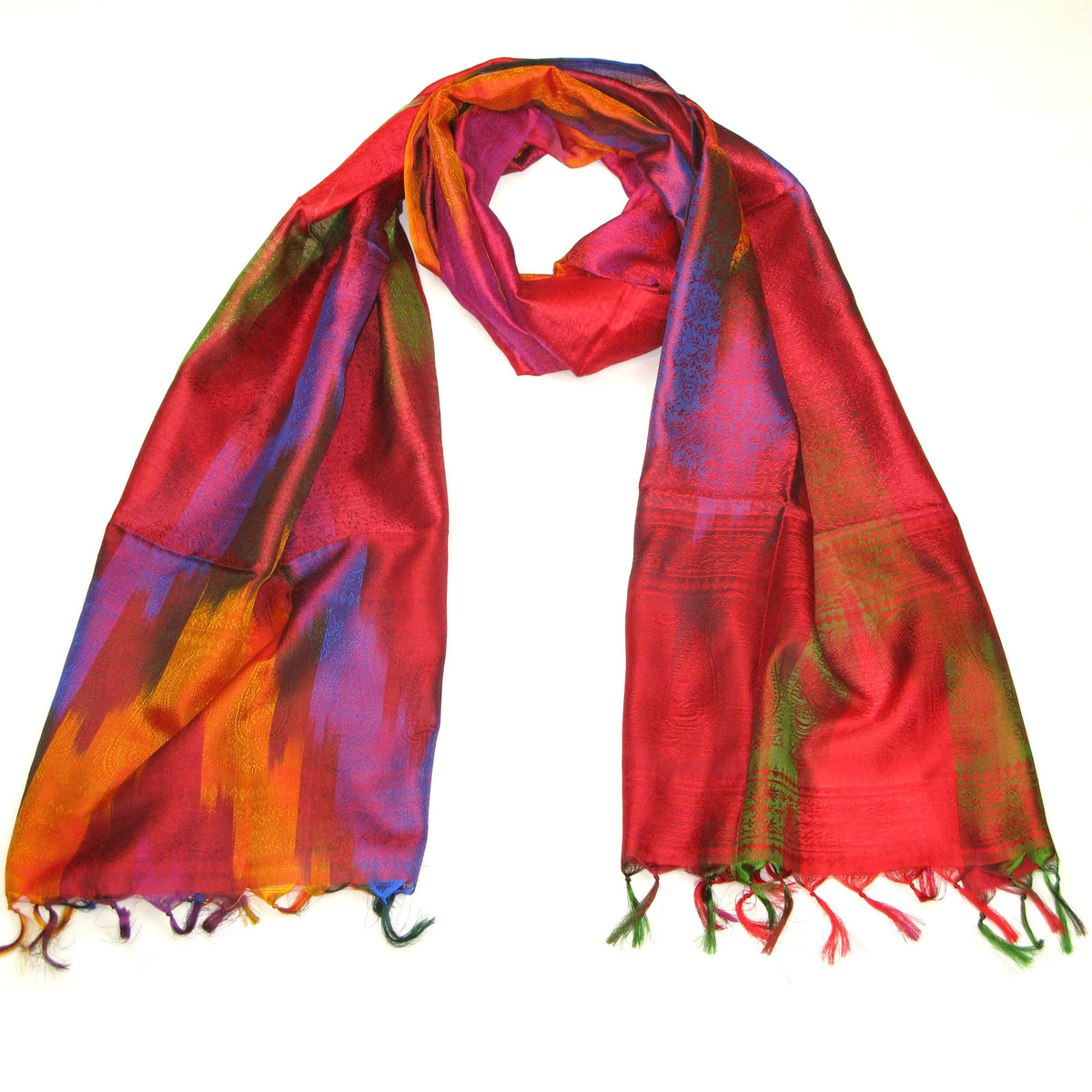 Women's Red Silk Rainbow Paisley Scarf